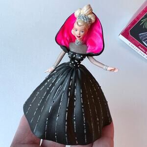 BARBIE Christmas Ornament Mattel Hallmark Collect Black Pink Ballgown Dress 1997
